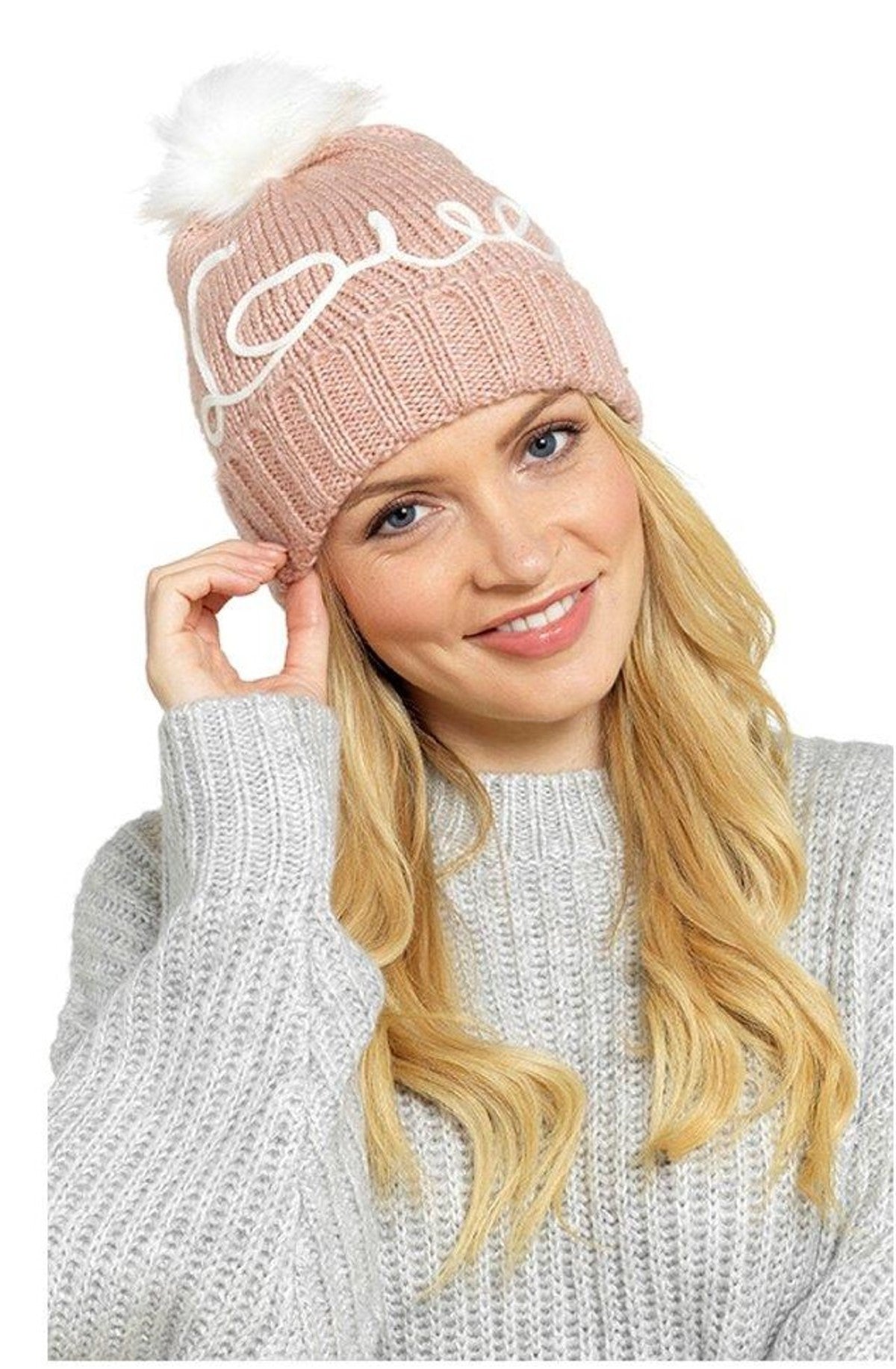 Ladies Bobble Hat Embroidered "Love" Knitted Beanie with Pom Pom