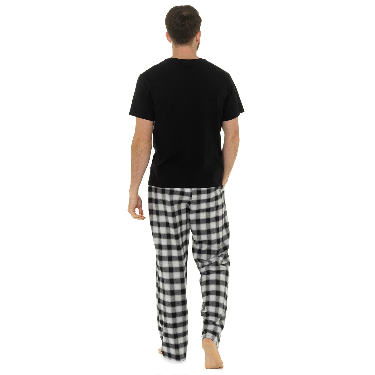 Mens Cotton Jersey T-Shirt and Woven Checked Long Pants Pyamas Set