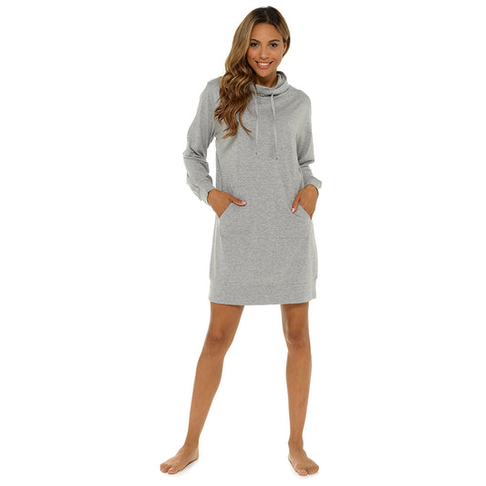 Ladies Grey Marl Cowl Neck Long Length Jersey Lounge Top with Kangaroo Pocket