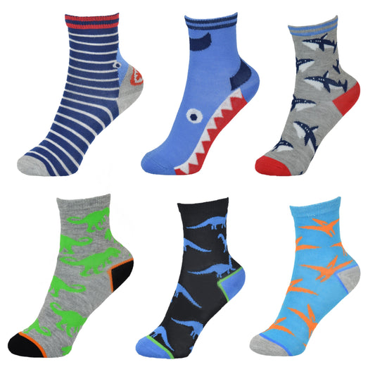 Boys Shark and Dinosaur Patterned Bamboo Multicoloured Ankle Socks - 6 Pairs