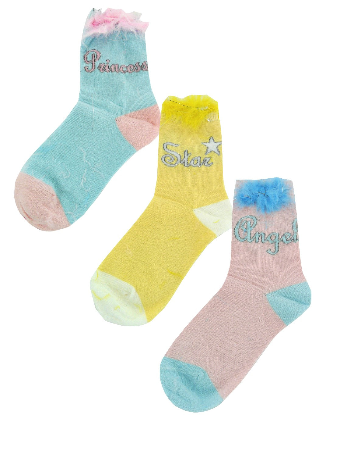Girls 3 Pairs Pastel Coloured Fancy Feather Ankle Socks