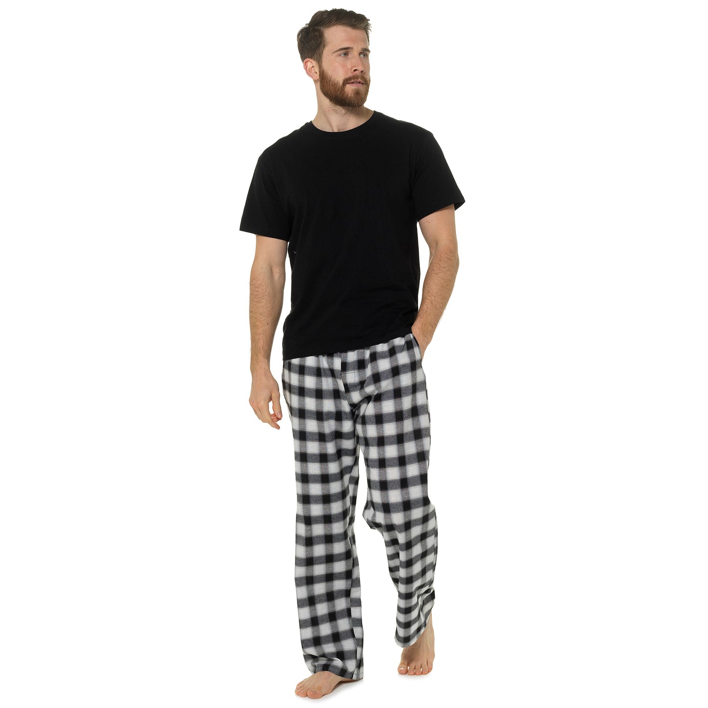 Mens Cotton Jersey T-Shirt and Woven Checked Long Pants Pyamas Set