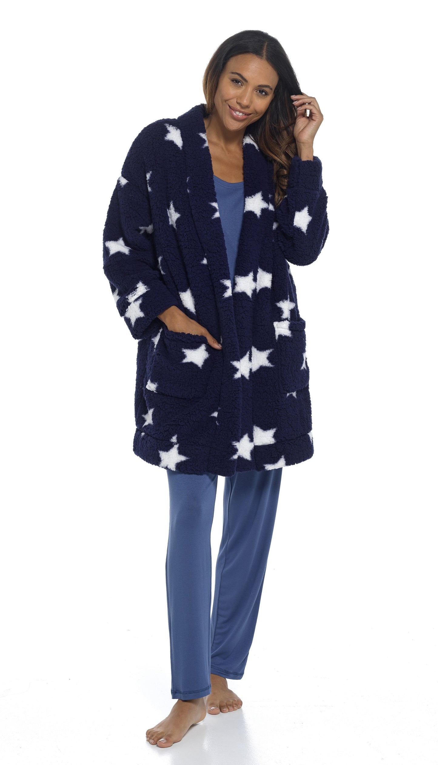 Ladies Navy and White Star Pattern Sherpa Fleece Cardi Gown Short Robe Cardigan