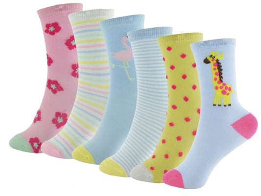 6 Pairs Girls' Pastel Coloured Flamingo, Giraffe and Patterned Socks