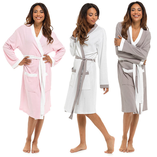 Ladies 100% Cotton Waffle Contrast Spa Robe Dressing Gown