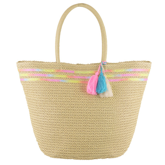 Cream Paper Straw Summer Tote Beach Bag with Pom Poms