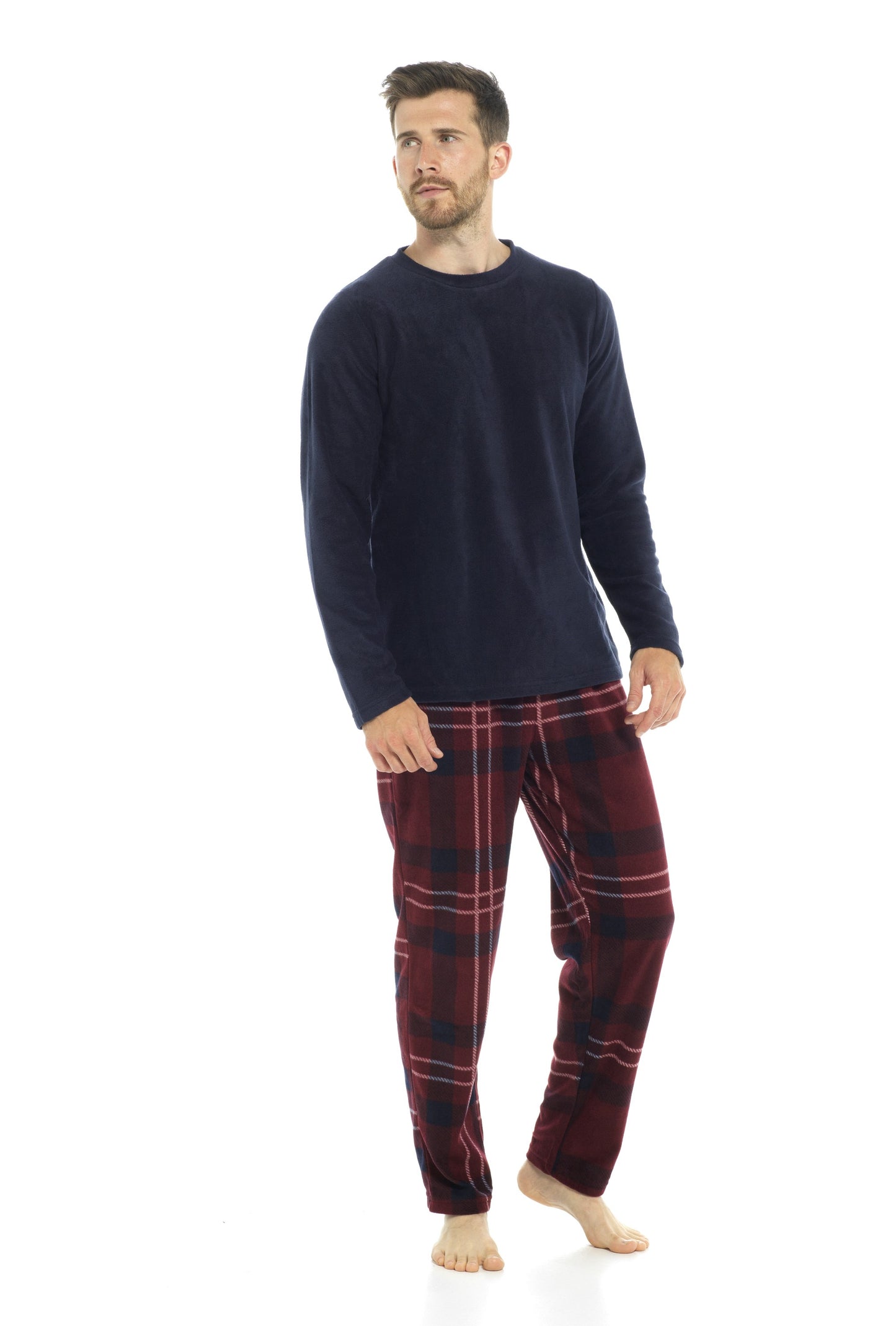 Men’s Navy Checked Fleece Lounge Pants and Fleece Top Pyjamas PJs