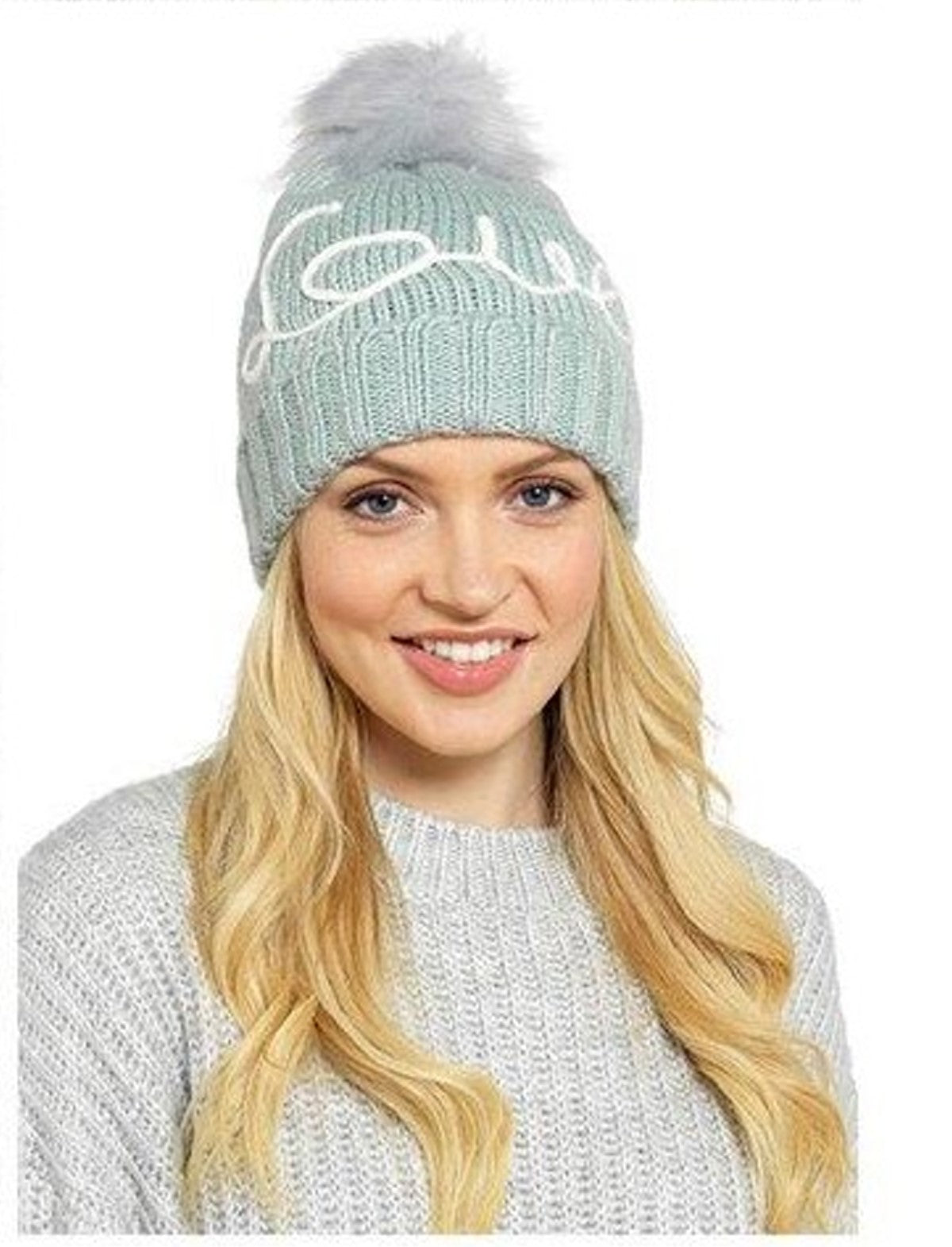 Ladies Bobble Hat Embroidered "Love" Knitted Beanie with Pom Pom