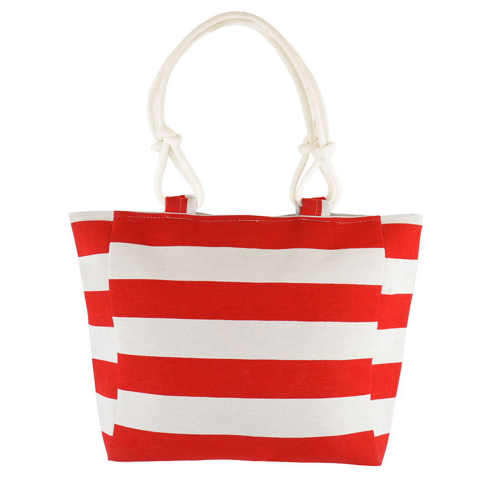 Large Red and White Wide-Striped Canvas Summer Beach Tote Bag with Rope Handle