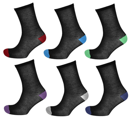 6 Pairs Mens Black and Multicoloured Contrast Heel & Toe Socks