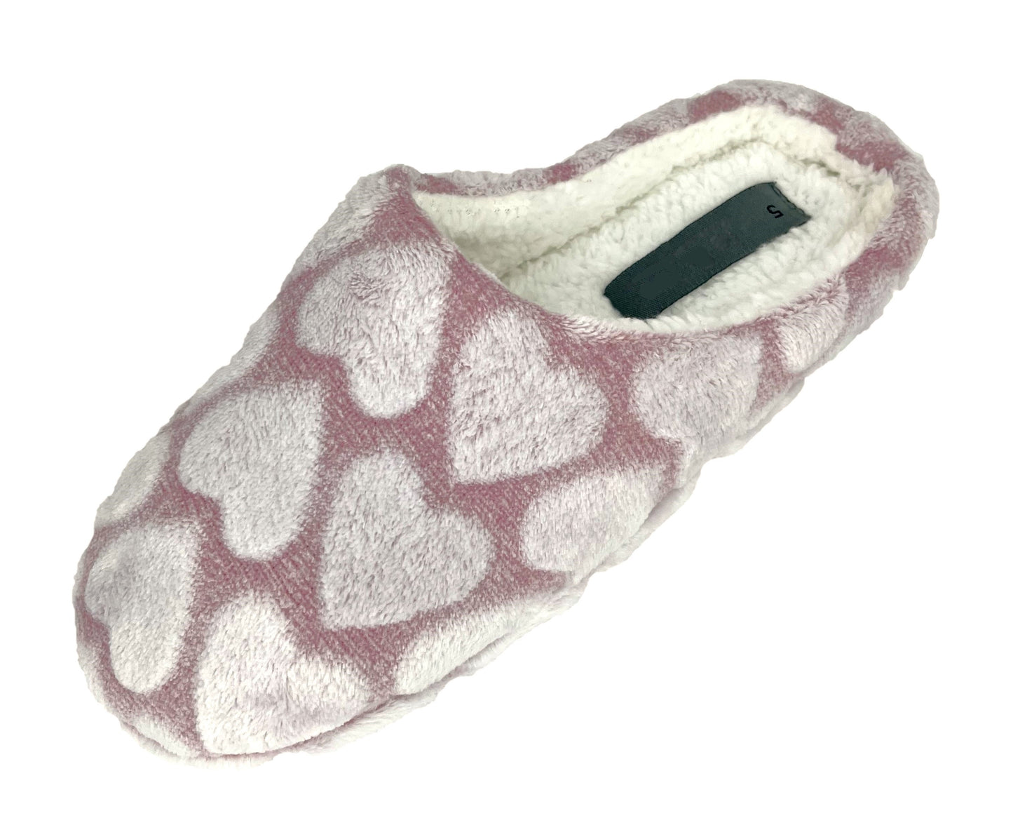 Ladies Pink Love Heart Plush Mule Slippers