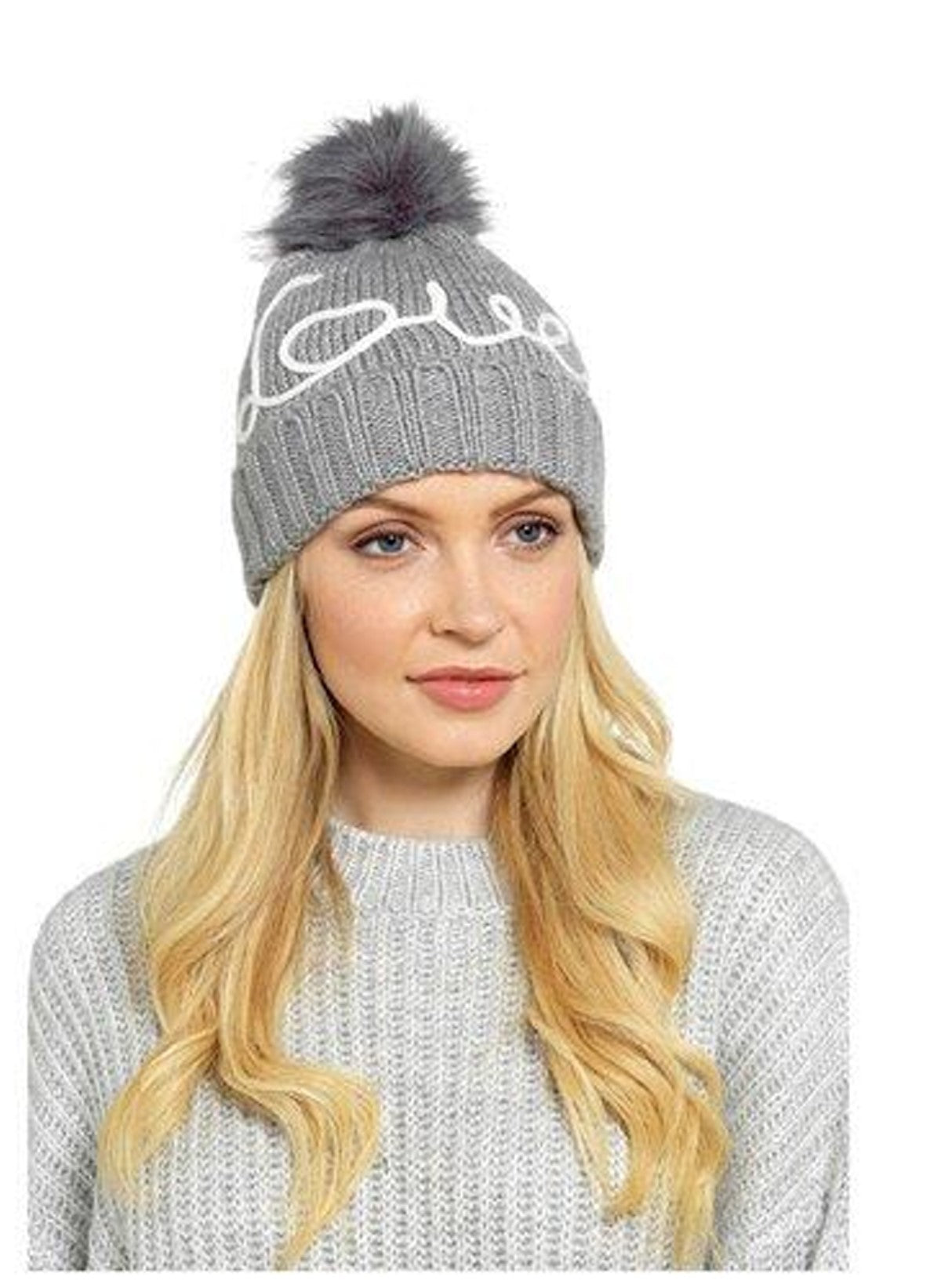 Ladies Bobble Hat Embroidered "Love" Knitted Beanie with Pom Pom