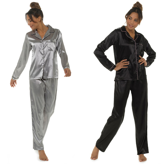 Ladies Classic Satin Pyjamas with Contrast Piping