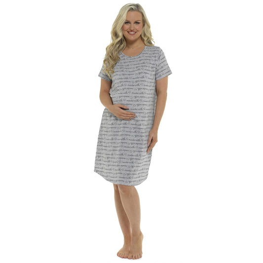 Ladies Maternity "Made with Love" Soft Cotton Short Sleeve Nightshirt Nightdress