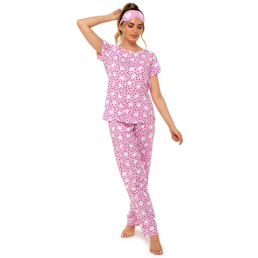 Ladies Hearts and Polka Dot Patterned Pyjamas and Eye Mask Set