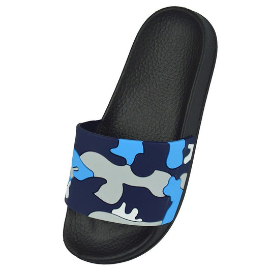 Boys’ Camo Sliders – Comfortable & Stylish Slip-On Sandals – Blue or Khaki