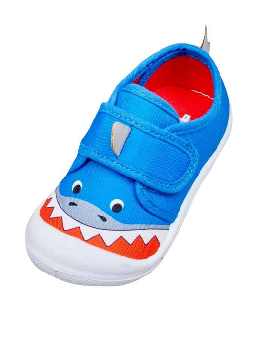 Boys Canvas Bumper Shoes Blue Shark Fabric Easy Fasten Bumper Trainers