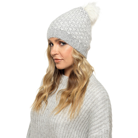 Ladies Soft Fluffy Knitted Chevron Pattern Beanie Hat with Faux Fur Pompom