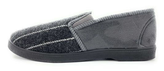 Mens Grey Striped Twin Gusset Slip On Full Back Slippers