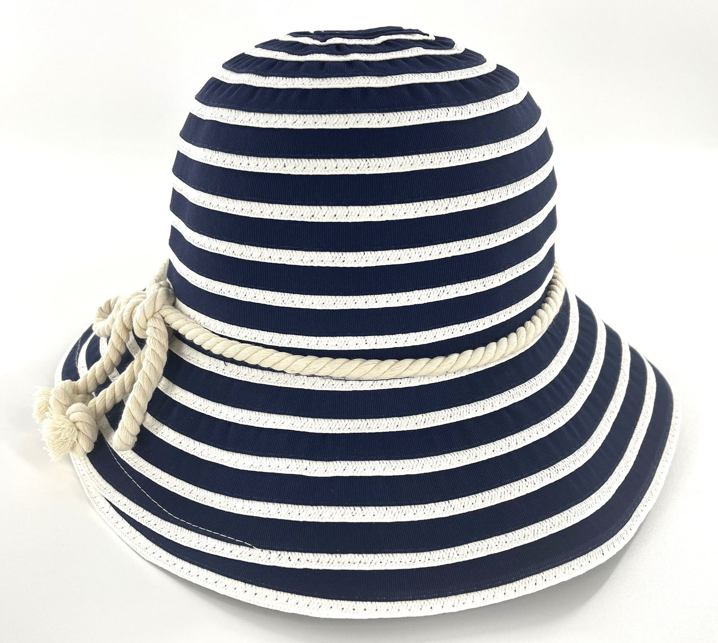 Ladies Wide Brimmed Blue and White Floppy Summer Sun Hat with Rope Bow