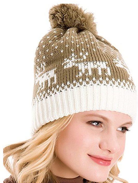 Ladies Reindeer Patterned FairIsle Bobble Hat Available in 3 Colours