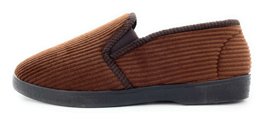 Mens Brown Plush Cord Slip On Twin Gusset Full Back Slippers
