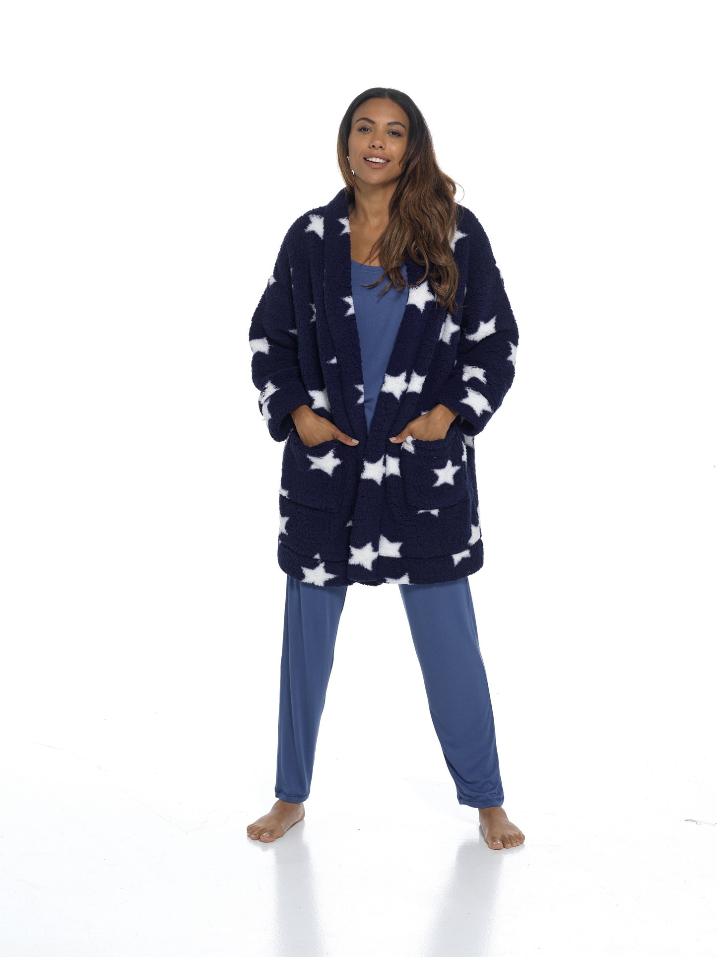 Ladies Navy and White Star Pattern Sherpa Fleece Cardi Gown Short Robe Cardigan