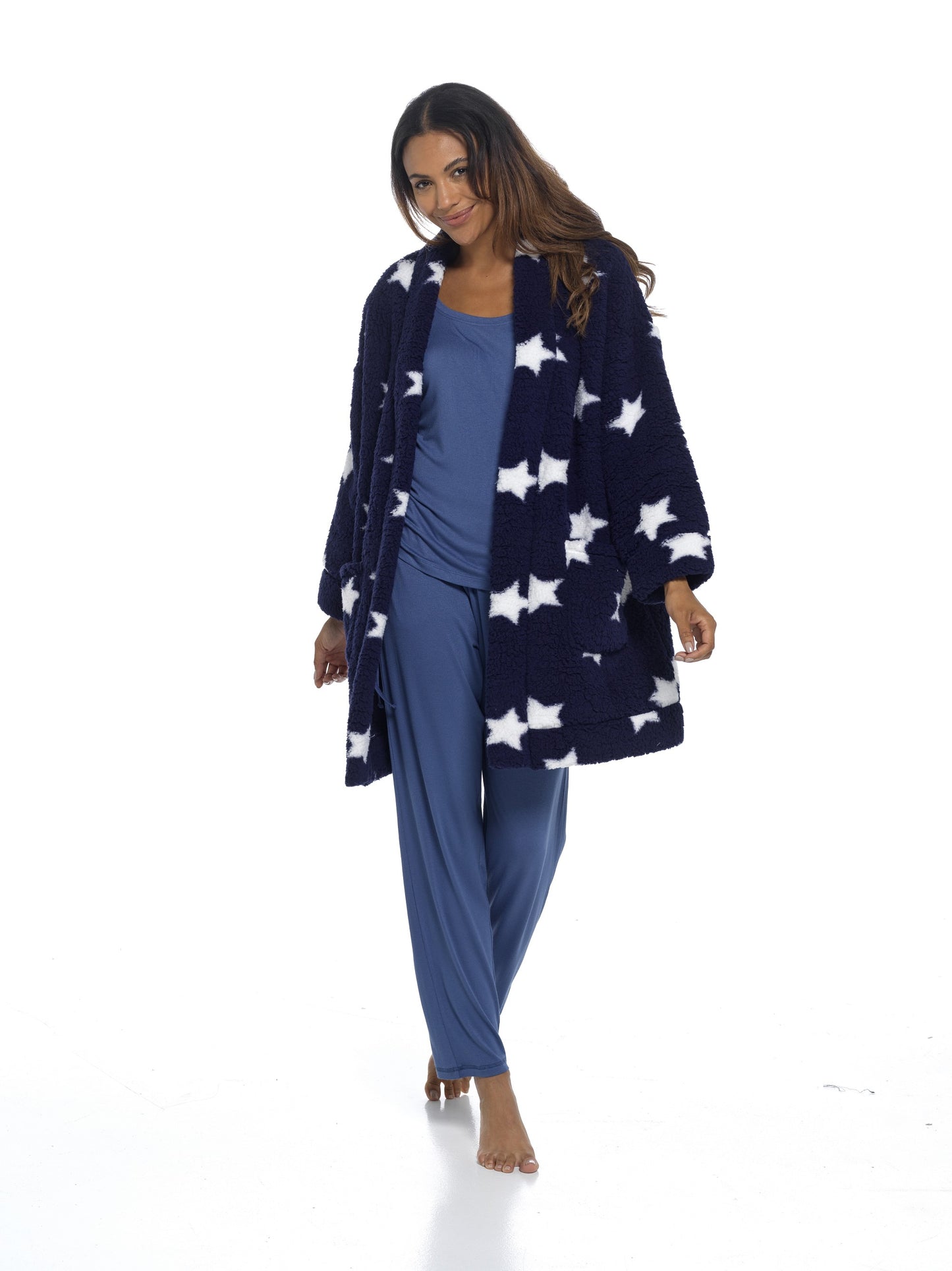 Ladies Navy and White Star Pattern Sherpa Fleece Cardi Gown Short Robe Cardigan