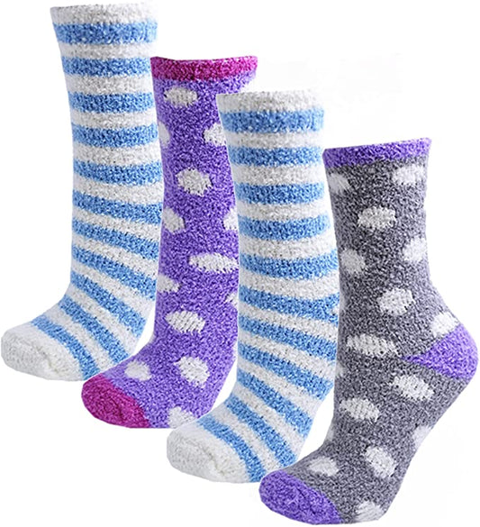 4 Pairs Ladies Striped & Spotty Patterned Soft Fluffy Socks