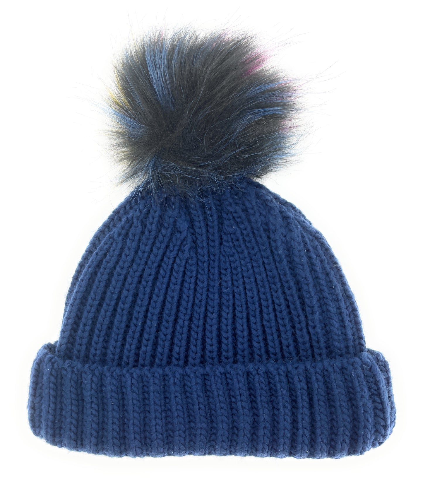 Ladies Chunky Knitted Hat with Multicolured Faux Fur Bobble