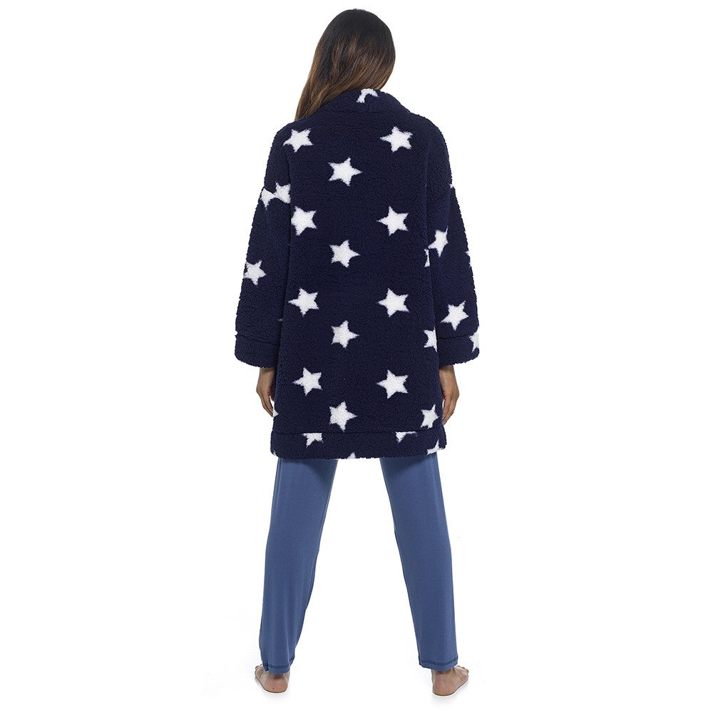 Ladies Navy and White Star Pattern Sherpa Fleece Cardi Gown Short Robe Cardigan