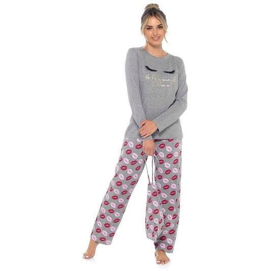 Ladies "Be Brave Enough to Dream" Lip Pattern Grey Cotton Pyjamas in a Bag