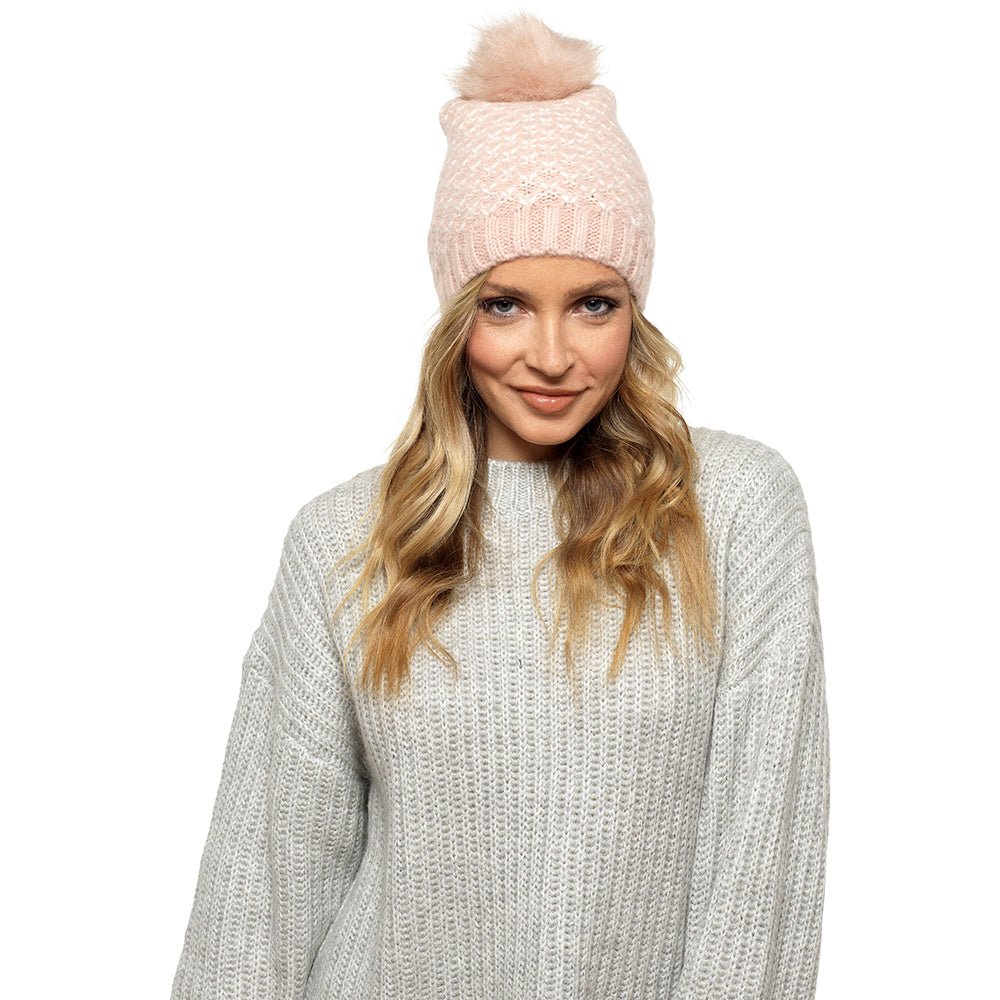 Ladies Soft Fluffy Knitted Chevron Pattern Beanie Hat with Faux Fur Pompom