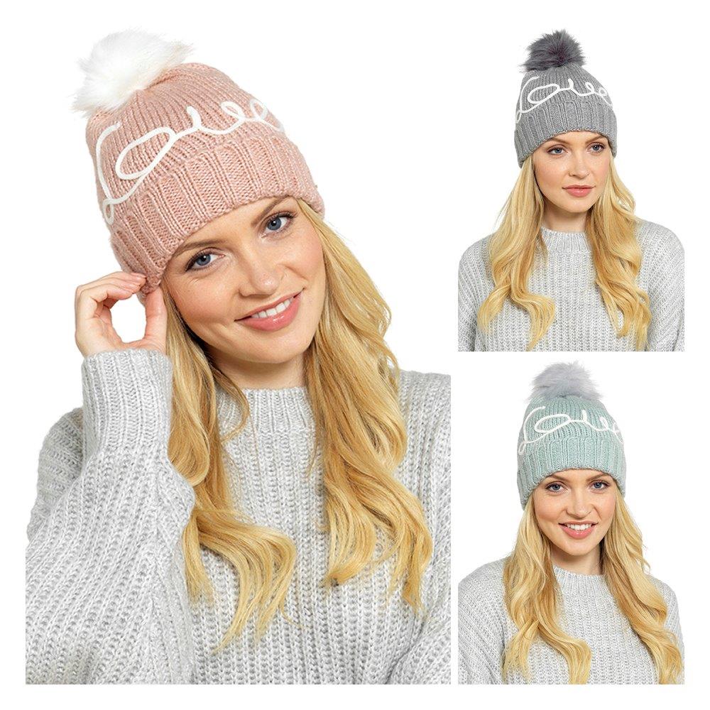 Ladies Bobble Hat Embroidered "Love" Knitted Beanie with Pom Pom