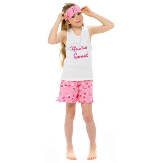 Girls Short Pyjamas & Eye Mask Set – 100% Cotton – "You're Sweet!"
