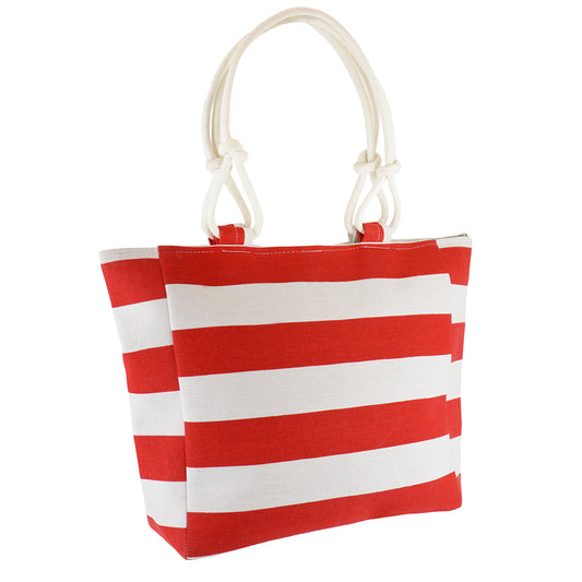 Large Red and White Wide-Striped Canvas Summer Beach Tote Bag with Rope Handle