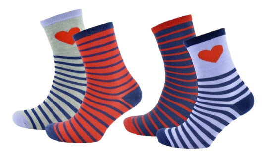 4 Pairs Ladies Hearts and Stripes Design Socks
