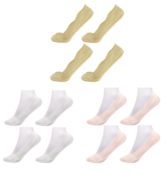 4 Pairs Ladies Cotton Rich Lace No-Show Invisible Shoe Liner Socks with Silicon Support