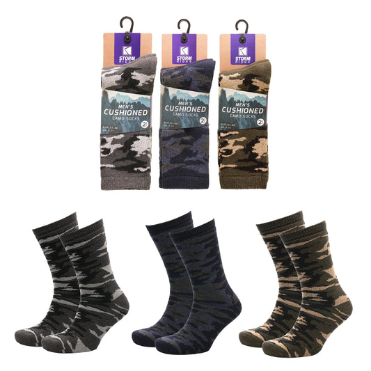 Mens 2 Pack Camo Patterned Cotton Rich Cushioned Outdoor Socks