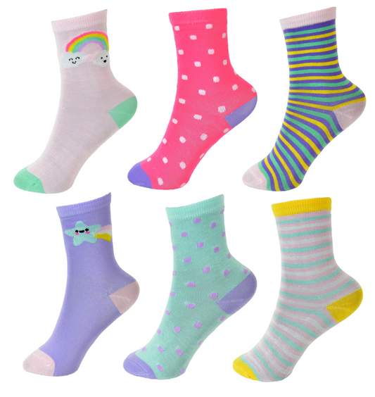 6 Pairs Girls Multicoloured Patterned Ankle Socks