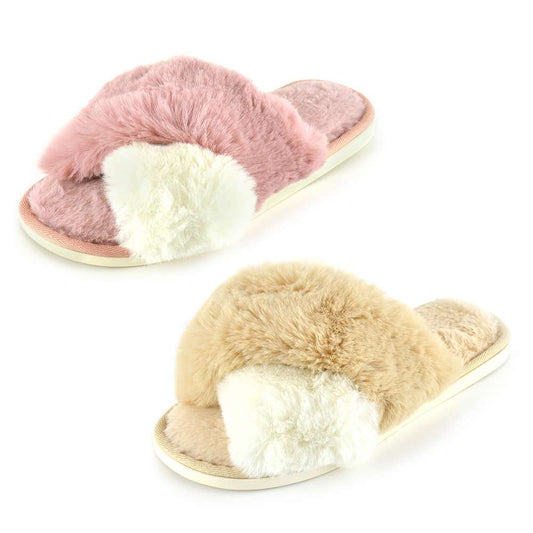 Ladies Faux Fur Crossover Slider Slipper