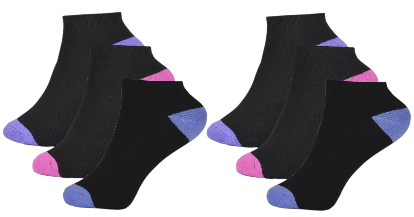 6 Pairs Ladies Trainer Liner Socks Black or White with Multicolour Toes & Heels