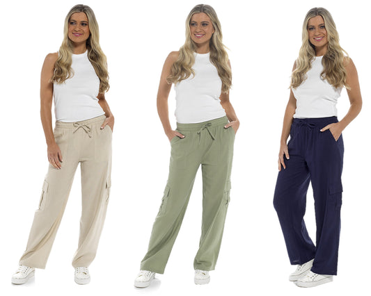 Ladies Linen Blend Cargo Pants Lightweight Casual Summer Utility Trousers