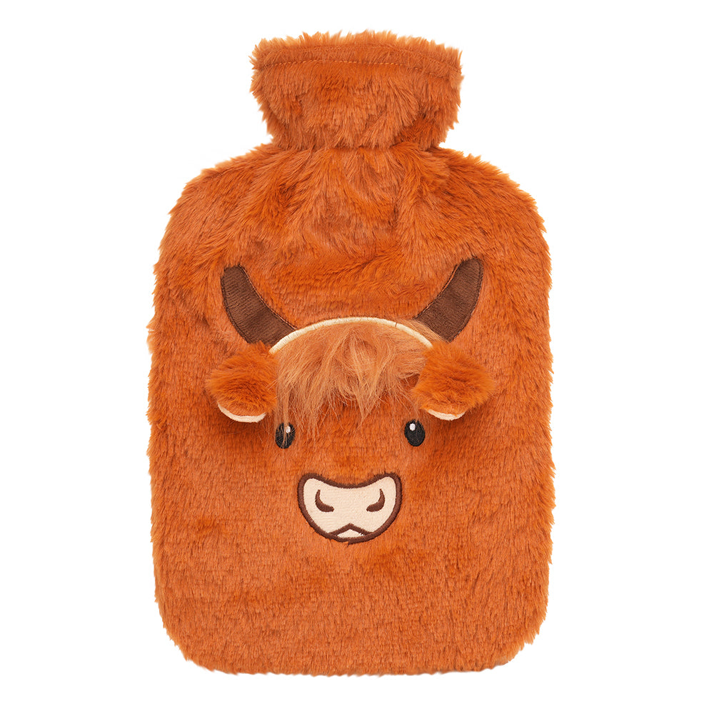 Highland Cow 2L Hot Water Bottle – Soft Plush Cover, Cute Cow Design, Reusable Rubber Bottle, Warm Comfort for Aches, Pains & Cold Nights, Cosy Winter Gift