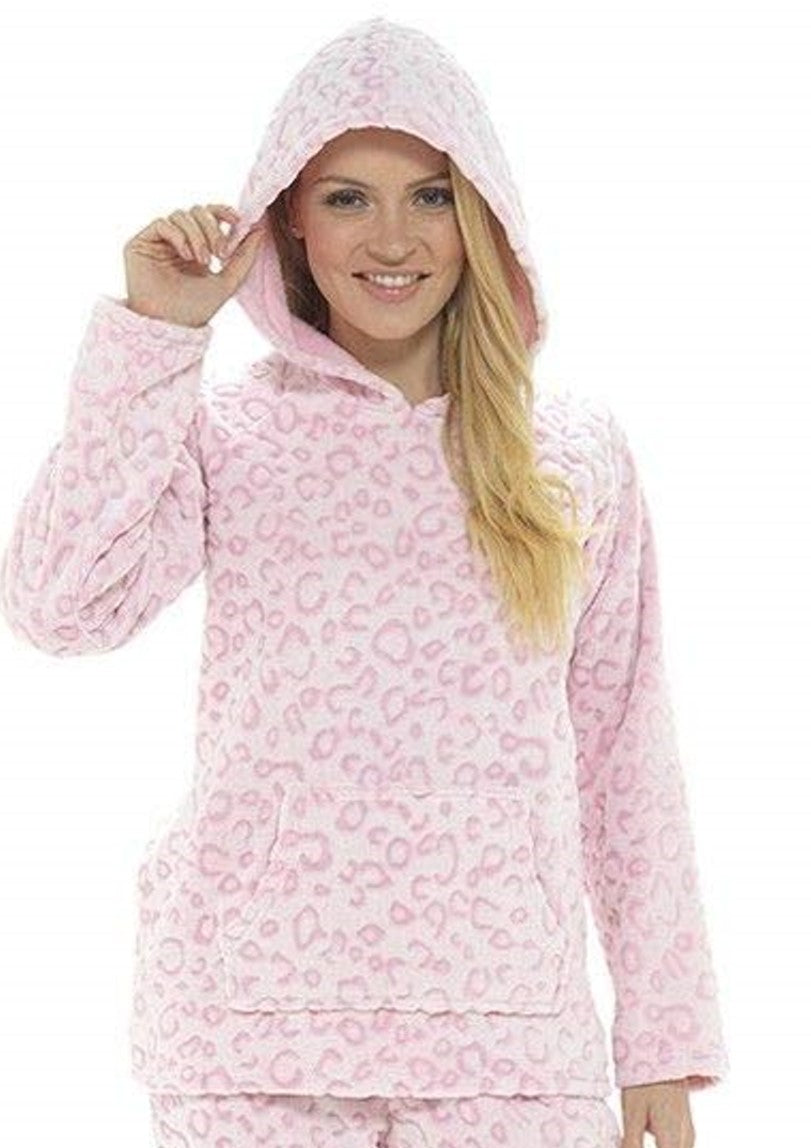 Ladies Leopard Print Fleece Hooded Twosie Pyjama Set In Grey Or Pink