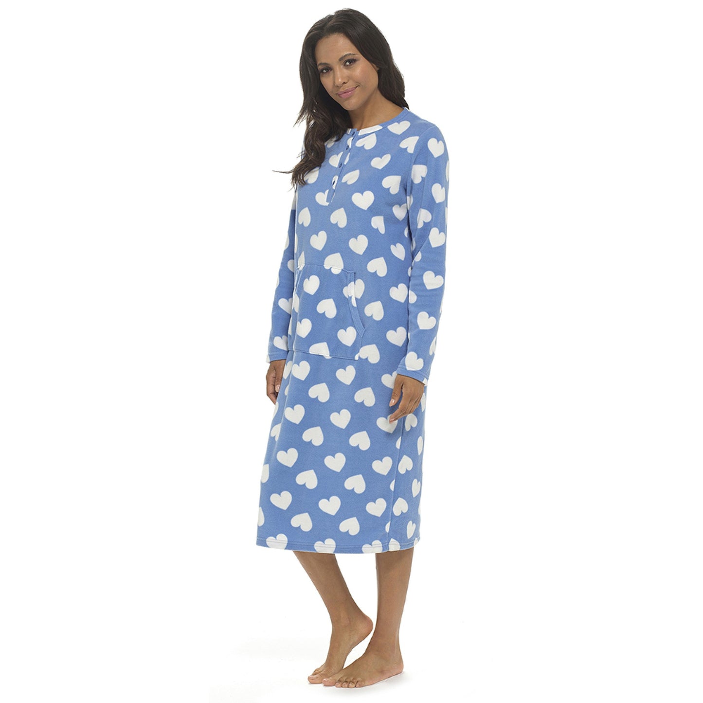 Ladies Fleece Nightie Longer Length Warm Nightdress Lounger with Kangaroo Pocket