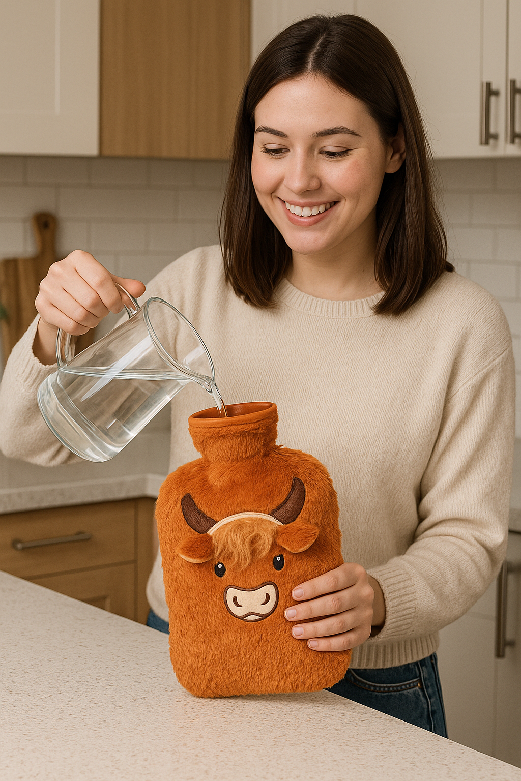 Highland Cow 2L Hot Water Bottle – Soft Plush Cover, Cute Cow Design, Reusable Rubber Bottle, Warm Comfort for Aches, Pains & Cold Nights, Cosy Winter Gift