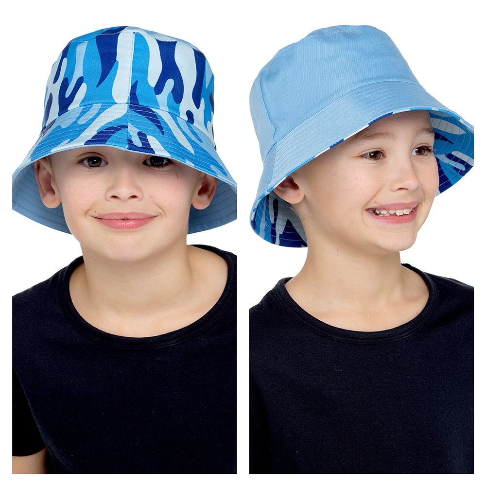 Boys Reversible Blue/Camo Print Bucket Hat Summer Sun Hat