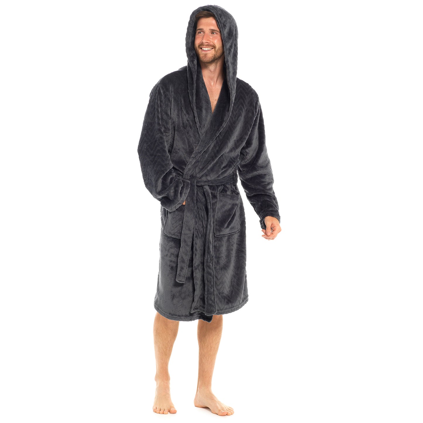 Men’s Fleece Hooded Robe Charcoal Grey Chevron Embossed Warm Winter Flannel Fleece Dressing Gown