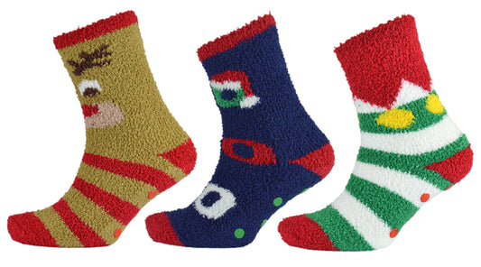 3 Pairs Men's Christmas Cosy Socks Fluffy Xmas Non-Slip Gripper Slipper Socks